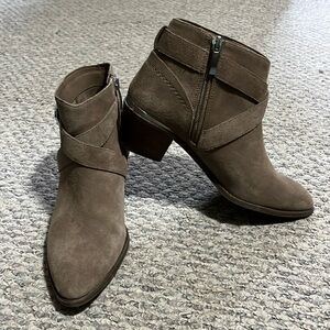 Essex Lane tan ankle booties with silver tone buckle and hardware